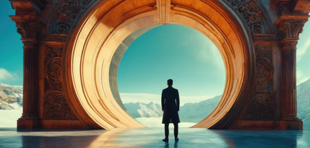 Rear view of a businessman standing in front of an arch.の素材