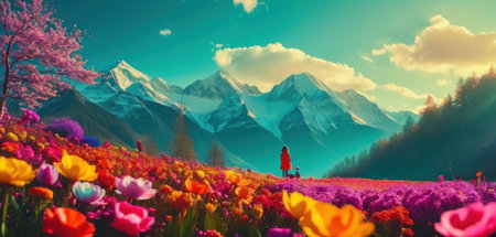Beautiful spring landscape with colorful flowers and mountains. Panorama.の素材