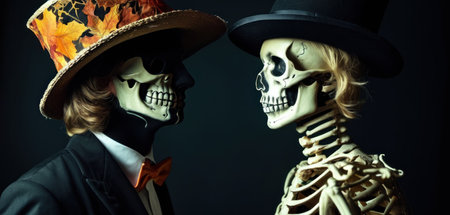 Fashion shot of a male and female skeleton. Halloween theme.の素材