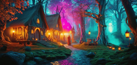 Halloween night scene with witch in the dark forest. 3d renderingの素材