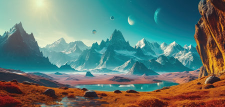 Fantasy alien planet. Mountain and lake. 3D illustration.の素材