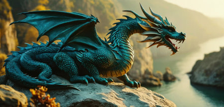 Dragon on the rock in the sea. 3d render, 3d illustration.の素材