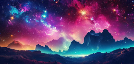 Fantasy landscape with mountains and nebula. 3D illustration.の素材
