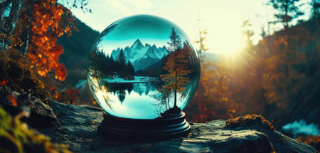 Crystal ball with forest lake and mountains in the background. 3d renderingの素材