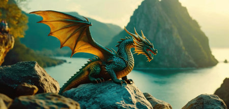 Fantasy dragon on the rock and sea background. 3d renderingの素材