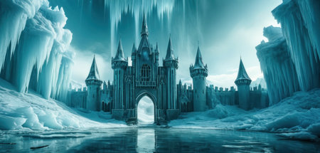 Fantasy landscape with fantasy castle and frozen lake. 3d illustrationの素材