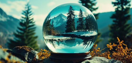 Crystal ball with mountains and forest in the background. 3d renderingの素材