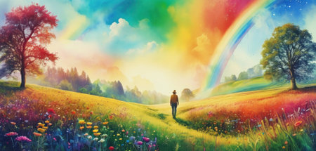 Handsome man walking in the field with colorful flowers and rainbow.の素材