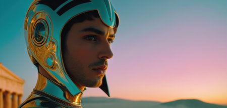 Close-up portrait of a futuristic man in a helmet. 3d renderingの素材