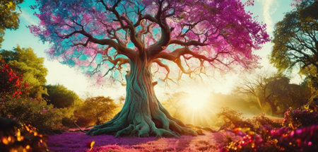 Beautiful fantasy landscape with old big tree and purple flowers at sunsetの素材