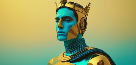 3D Illustration of a Golden Robot with Golden Crown and Blue Backgroundの素材