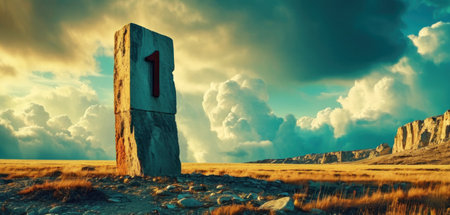 Stone cross in the desert. Dramatic sky. Conceptual imageの素材