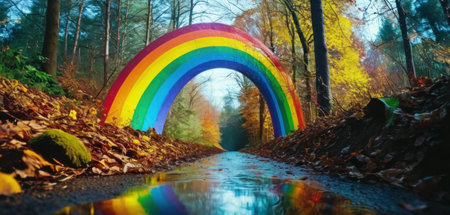 Rainbow in the autumn forest. Beautiful rainbow in the forest.の素材