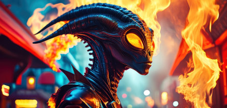 Futuristic monster on the background of the night city. 3d rendering.の素材