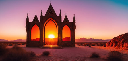 3D rendering of a church in the desert at sunset with mountains in the backgroundの素材