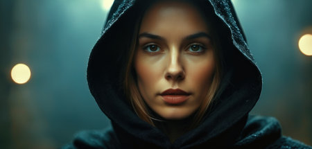 Portrait of a beautiful young woman in a black hoodie.の素材