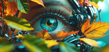 Close-up of female eye in space helmet with autumn leaves.の素材