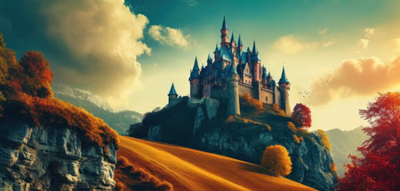 Fantasy landscape with medieval castle on the hill. 3D renderingの素材