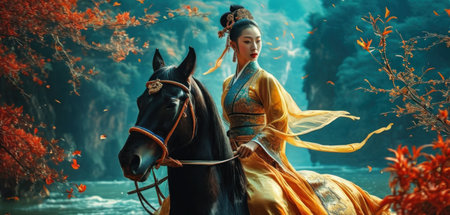 Beautiful asian woman in traditional costume with black horse in the forestの素材