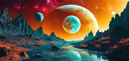 Fantasy alien planet. Mountain and lake. 3D illustration.の素材