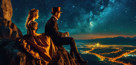 Man and woman sitting on top of a mountain and watching the night cityの素材