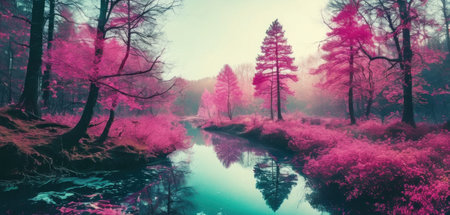 Beautiful winter landscape with foggy forest and river. Indian summerの素材