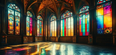 Stained glass windows in the Cathedral of St. Vitus, Prague, Czech Republicの素材