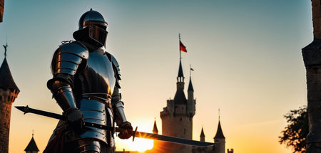 Knight in medieval armor on the background of the castle at sunset.の素材
