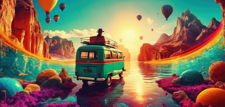 Vintage camper van floating on the sea. 3d renderingの素材