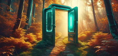 Fantasy green door in the forest. 3D illustration. Halloween concept.の素材