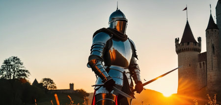 Medieval knight in armor and helmet at sunset. Medieval concept.の素材