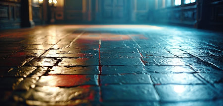 Gothic church interior with cobblestone floor illuminated at nightの素材