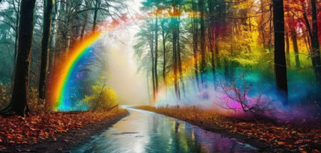 Rainbow in the autumn forest. Magical landscape with a rainbow.の素材