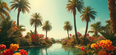 Panoramic view of luxury hotel swimming pool with palm trees and flowersの素材