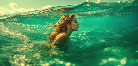 Beautiful young woman swimming underwater in the sea, enjoying life.の素材