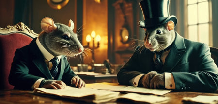 Two rats are sitting at the table with a book and a mouse.の素材