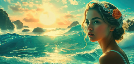 3d illustration of a beautiful girl in the sea at sunset.の素材