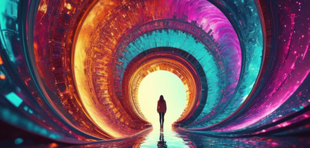 3d illustration of woman standing in futuristic tunnel. Future concept.の素材