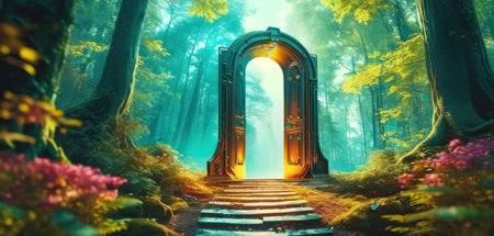 Mysterious door in the green forest. Fantasy landscape. 3D renderingの素材