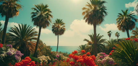 Tropical palm trees and flowers on the background of the seaの素材