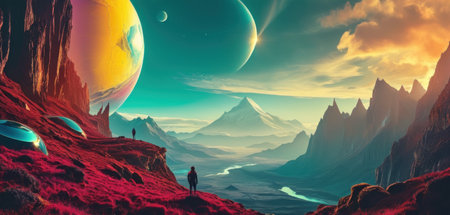 Fantasy alien planet. Mountain and lake. 3D illustration.の素材