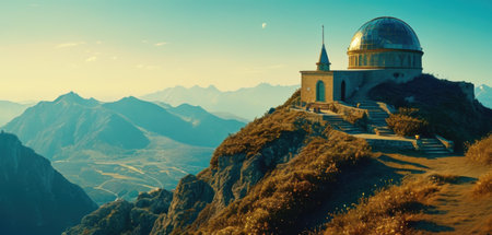 panoramic view of the mountains and the dome of the church at sunsetの素材