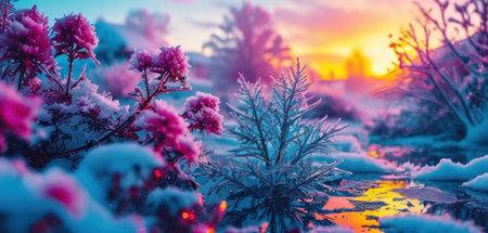 Frozen plants in the snow at sunset. Beautiful winter landscape.の素材