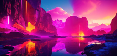 Fantasy alien planet. Mountain and lake. 3D illustration.の素材