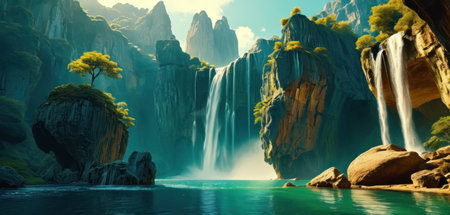 Fantastic waterfall in the mountains. Fantastic landscape. 3d renderingの素材