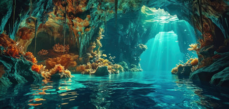 Underwater cave with sun rays and underwater cave. 3d renderingの素材