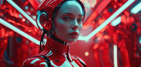 Cyborg woman with red robot head. Futuristic cyberpunk style. 3d renderingの素材