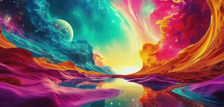 Fantasy landscape with mountains, lake and planet. 3d illustrationの素材