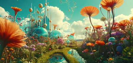 3d illustration of a fantasy landscape with flowers and a pond.の素材