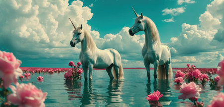 Two white unicorns standing in water on a background of pink flowersの素材